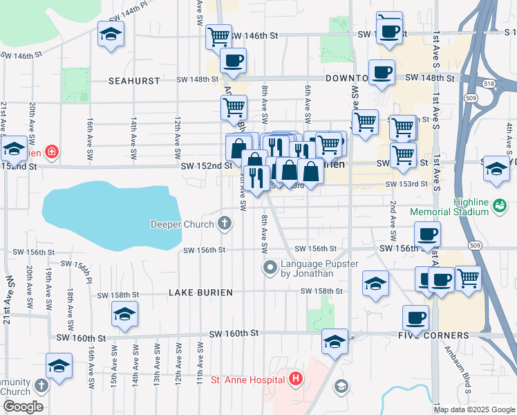 map of restaurants, bars, coffee shops, grocery stores, and more near 15420 8th Avenue Southwest in Burien
