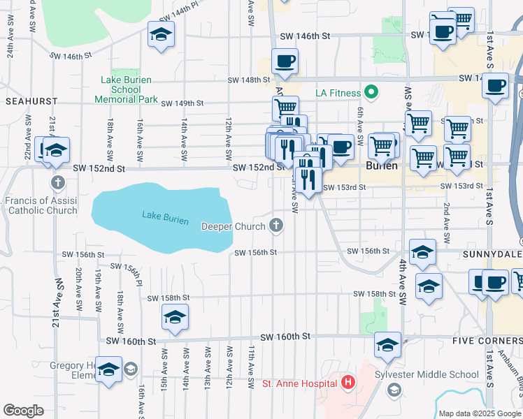 map of restaurants, bars, coffee shops, grocery stores, and more near 15405 10th Avenue Southwest in Burien