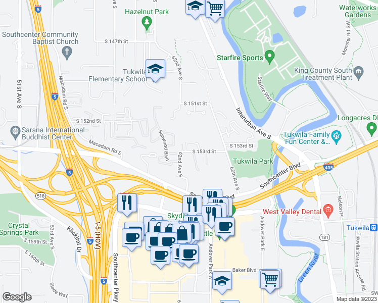 map of restaurants, bars, coffee shops, grocery stores, and more near 6245 South 153rd Street in Tukwila