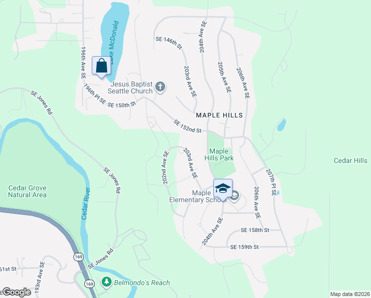 map of restaurants, bars, coffee shops, grocery stores, and more near 15424 203rd Avenue Southeast in Renton