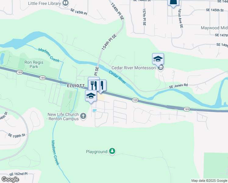 map of restaurants, bars, coffee shops, grocery stores, and more near 15521 Maple Valley Highway in Renton