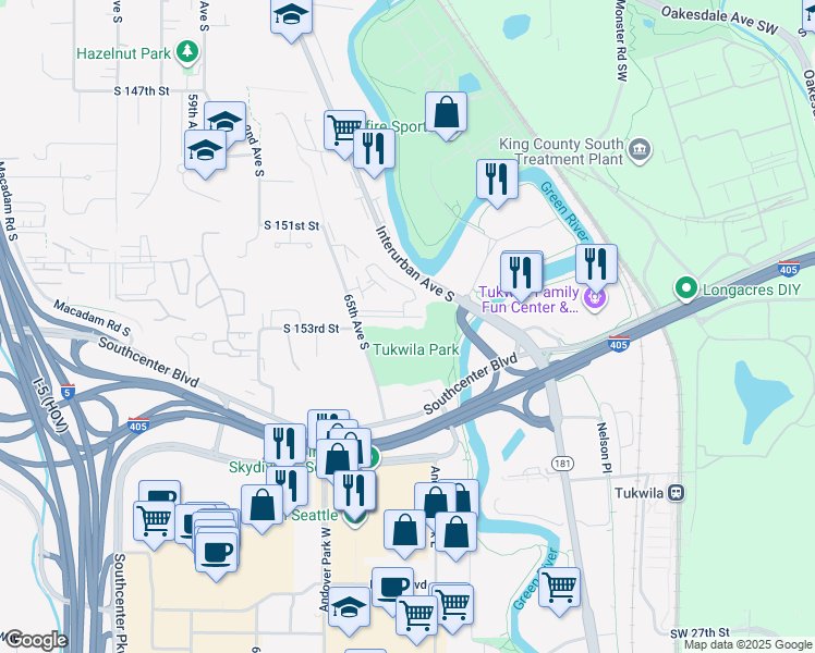 map of restaurants, bars, coffee shops, grocery stores, and more near 15400 65th Avenue South in Tukwila