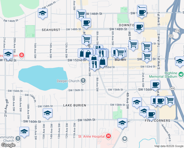map of restaurants, bars, coffee shops, grocery stores, and more near 840 Southwest 154th Street in Burien