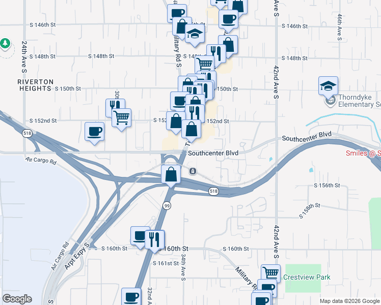 map of restaurants, bars, coffee shops, grocery stores, and more near in SeaTac