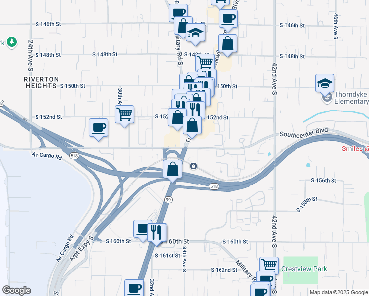 map of restaurants, bars, coffee shops, grocery stores, and more near S 154th St & Tukwila International Blvd in SeaTac
