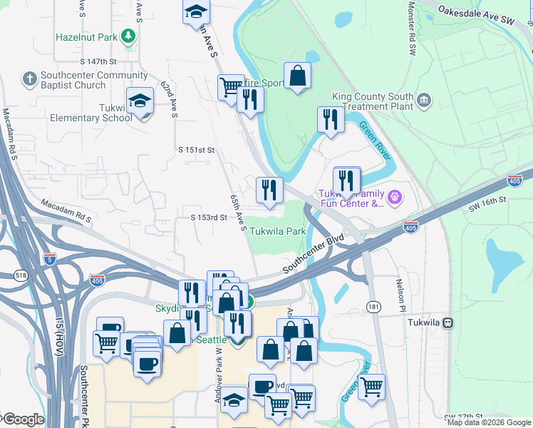 map of restaurants, bars, coffee shops, grocery stores, and more near 6519 South 153rd Street in Tukwila