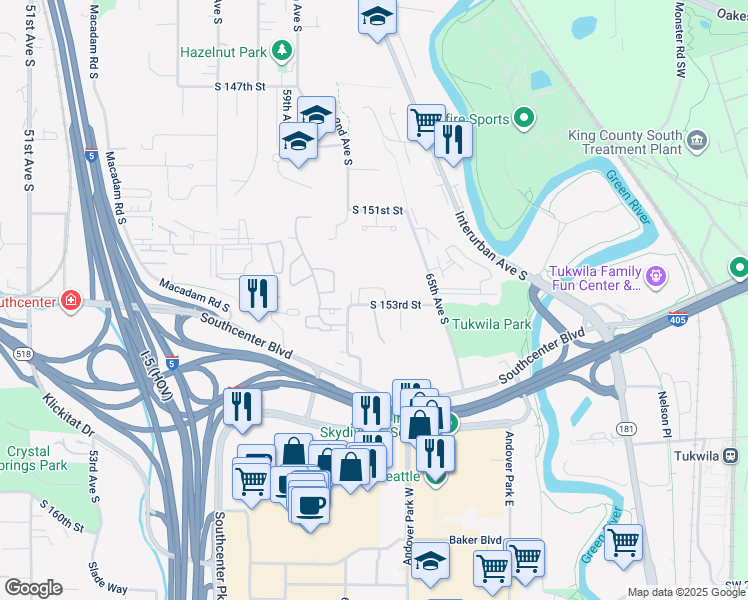 map of restaurants, bars, coffee shops, grocery stores, and more near 6210 South 153rd Street in Tukwila