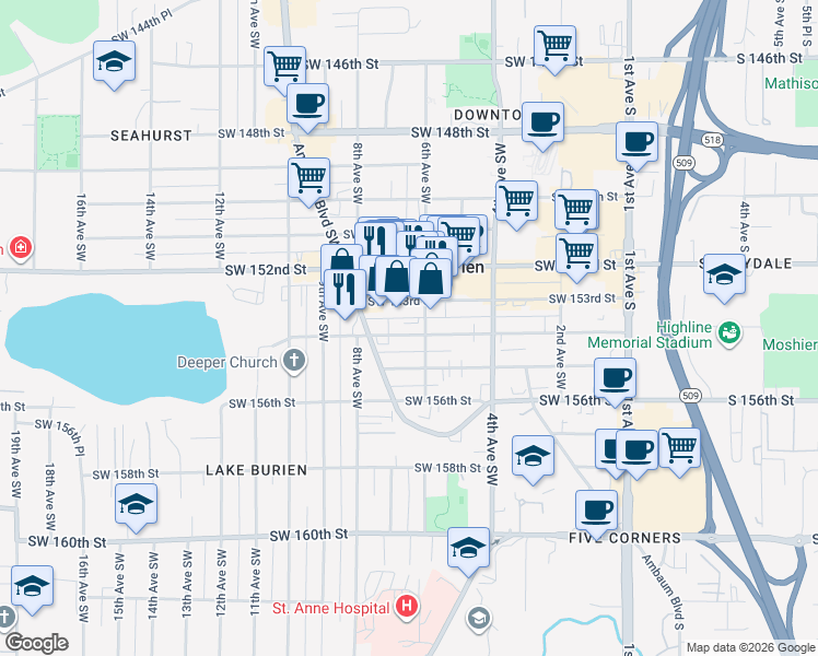 map of restaurants, bars, coffee shops, grocery stores, and more near 15325 6th Avenue Southwest in Burien