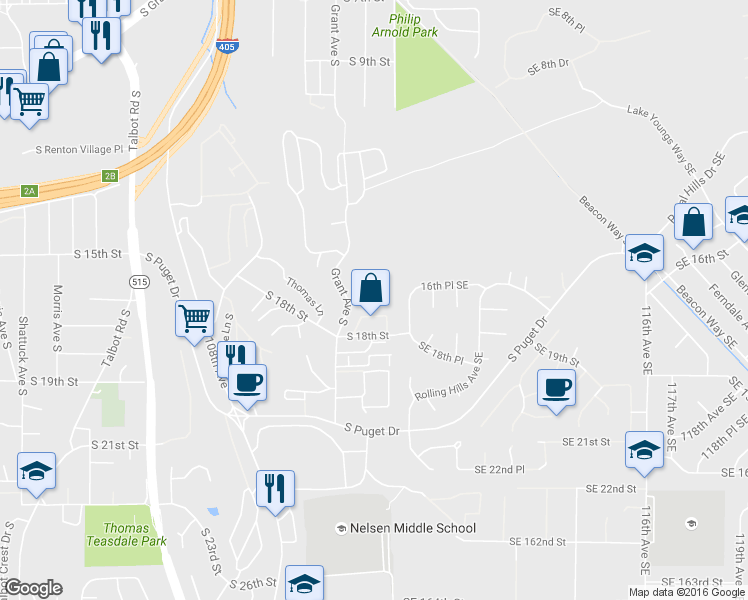 map of restaurants, bars, coffee shops, grocery stores, and more near 1500 South 18th Street in Renton