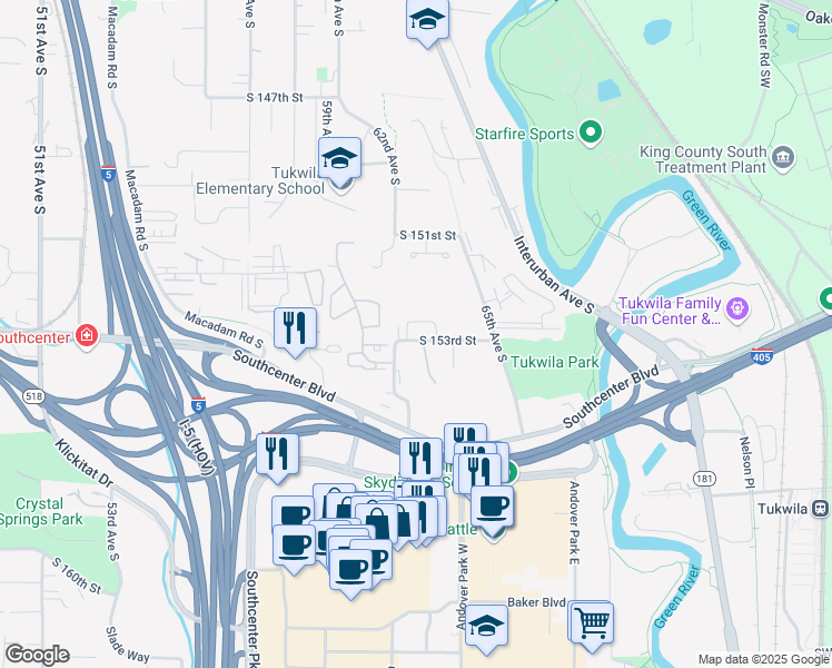 map of restaurants, bars, coffee shops, grocery stores, and more near 6245 South 153rd Street in Tukwila