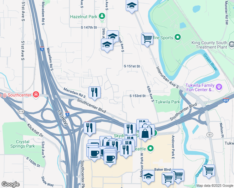 map of restaurants, bars, coffee shops, grocery stores, and more near 15330 Sunwood Boulevard in Seattle