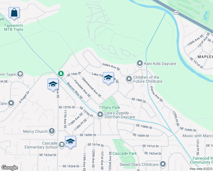 map of restaurants, bars, coffee shops, grocery stores, and more near 1601 Lake Youngs Way Southeast in Renton