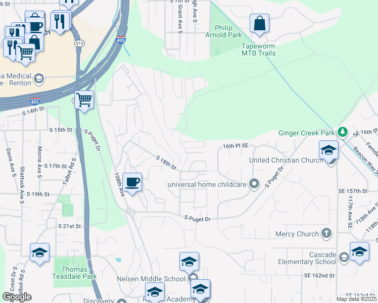 map of restaurants, bars, coffee shops, grocery stores, and more near 1600 Grant Avenue South in Renton