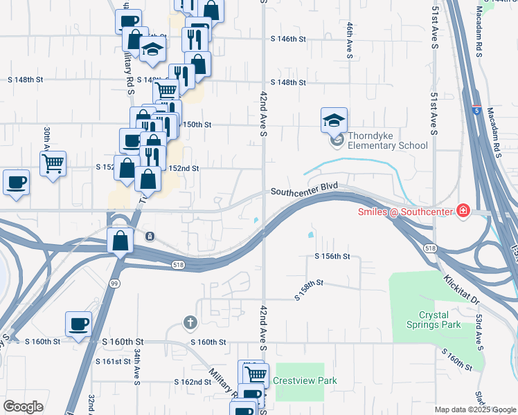 map of restaurants, bars, coffee shops, grocery stores, and more near 15227 42nd Avenue South in Tukwila