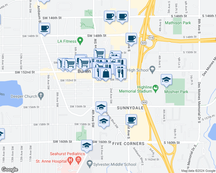 map of restaurants, bars, coffee shops, grocery stores, and more near 209 Southwest 153rd Street in Burien
