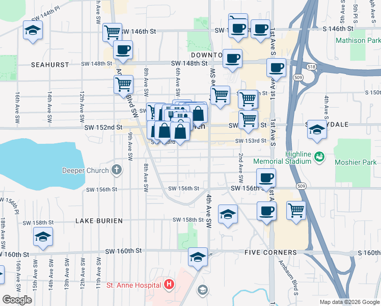 map of restaurants, bars, coffee shops, grocery stores, and more near 452 Southwest 153rd Street in Burien