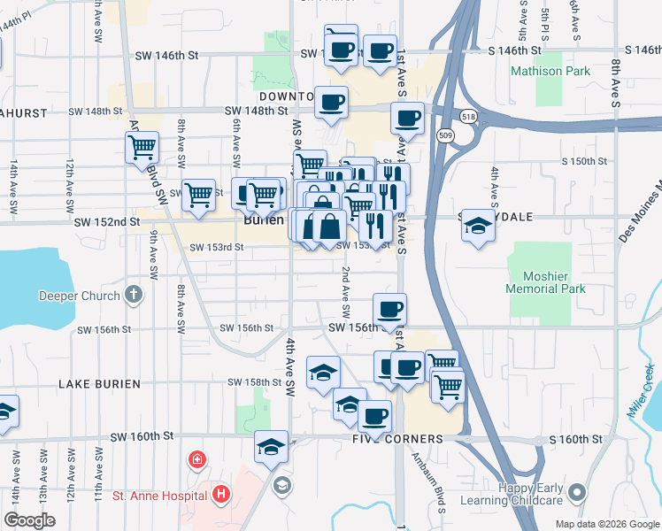 map of restaurants, bars, coffee shops, grocery stores, and more near 216 Southwest 154th Street in Burien