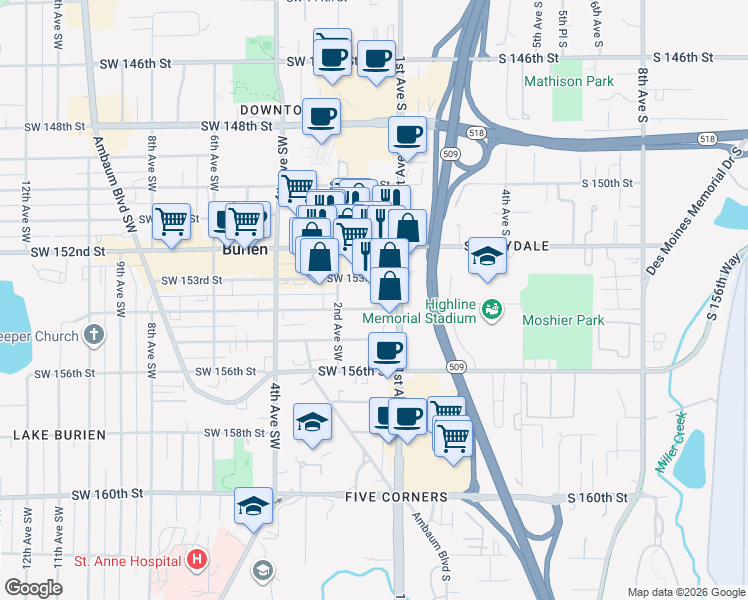 map of restaurants, bars, coffee shops, grocery stores, and more near 124 Southwest 154th Street in Burien