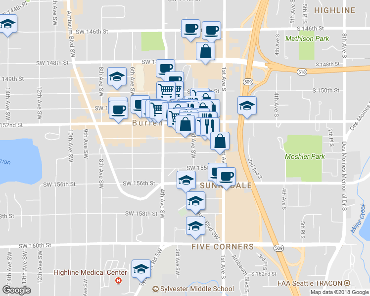 map of restaurants, bars, coffee shops, grocery stores, and more near 216 Southwest 154th Street in Burien