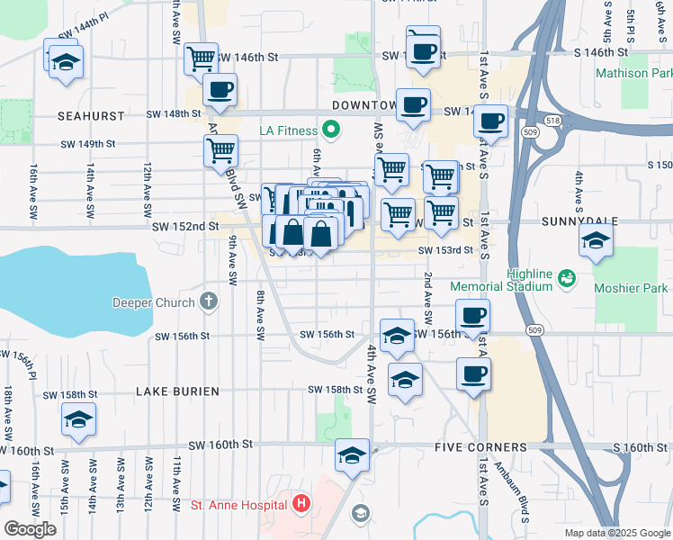 map of restaurants, bars, coffee shops, grocery stores, and more near 430 Southwest 154th Street in Burien