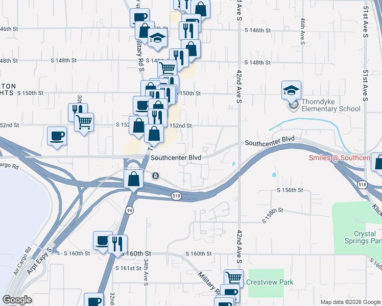 map of restaurants, bars, coffee shops, grocery stores, and more near 3732 Southcenter Boulevard in Tukwila