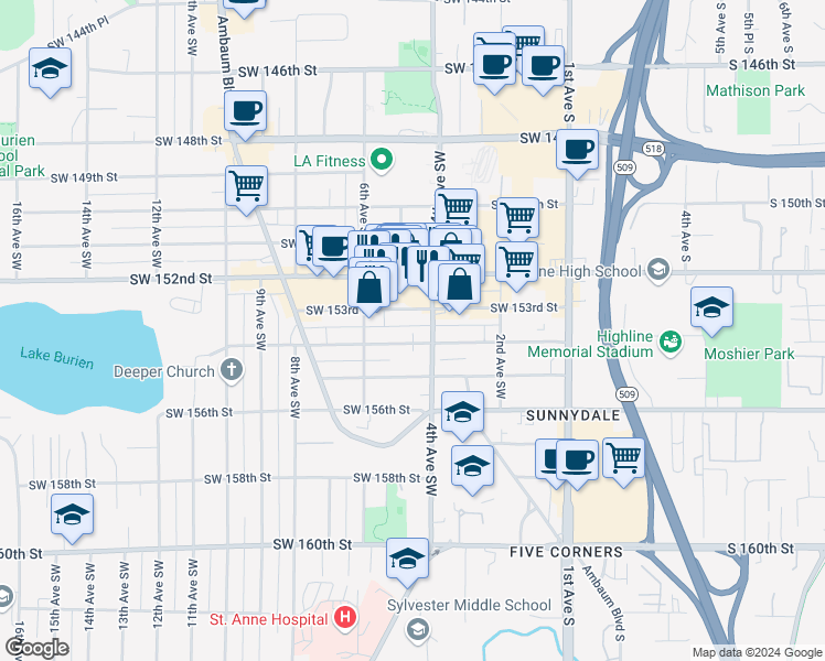 map of restaurants, bars, coffee shops, grocery stores, and more near 420 Southwest 154th Street in Burien