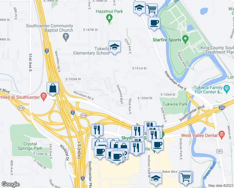 map of restaurants, bars, coffee shops, grocery stores, and more near 15195 Sunwood Boulevard in Tukwila