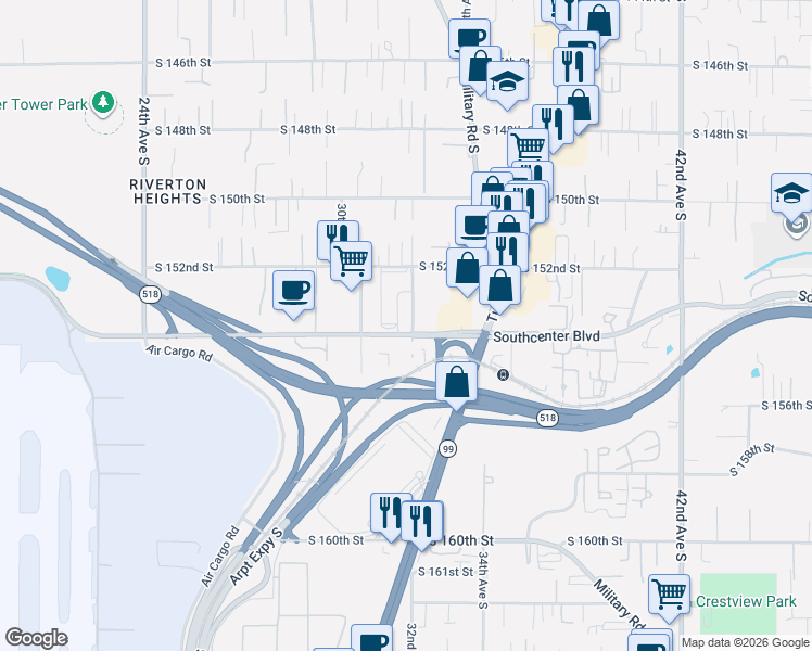 map of restaurants, bars, coffee shops, grocery stores, and more near 15231 32nd Avenue South in SeaTac