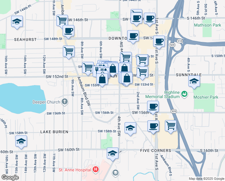 map of restaurants, bars, coffee shops, grocery stores, and more near 410 Southwest 153rd Street in Burien