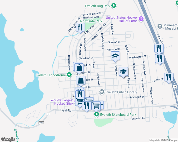 map of restaurants, bars, coffee shops, grocery stores, and more near 620 Adams Avenue in Eveleth