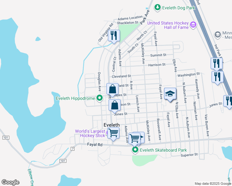 map of restaurants, bars, coffee shops, grocery stores, and more near 620 Grant Avenue in Eveleth