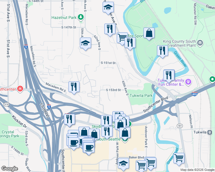 map of restaurants, bars, coffee shops, grocery stores, and more near 6212 South 153rd Street in Tukwila