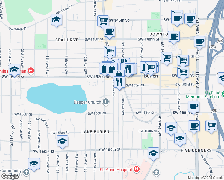 map of restaurants, bars, coffee shops, grocery stores, and more near 15245 9th Avenue Southwest in Burien