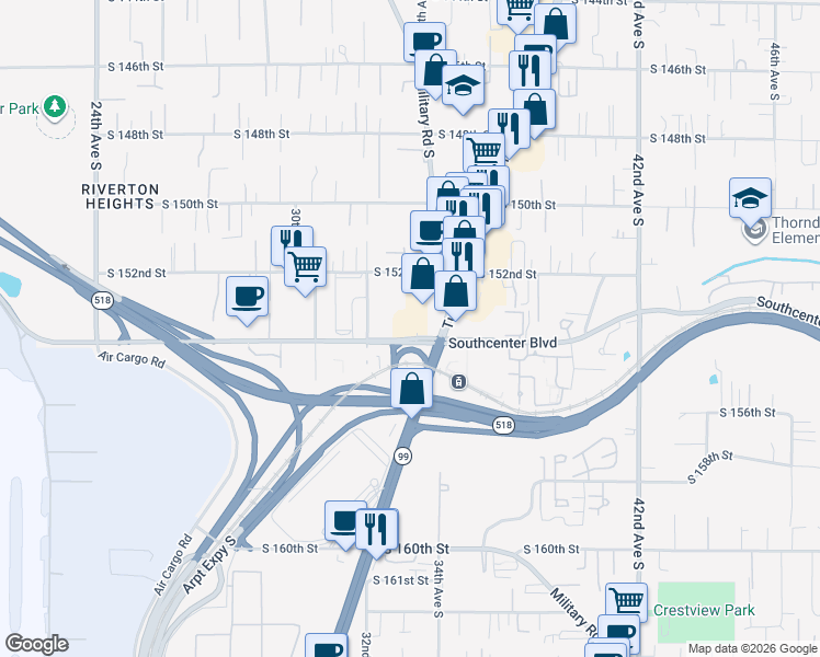 map of restaurants, bars, coffee shops, grocery stores, and more near 3346s South 154th Street in SeaTac