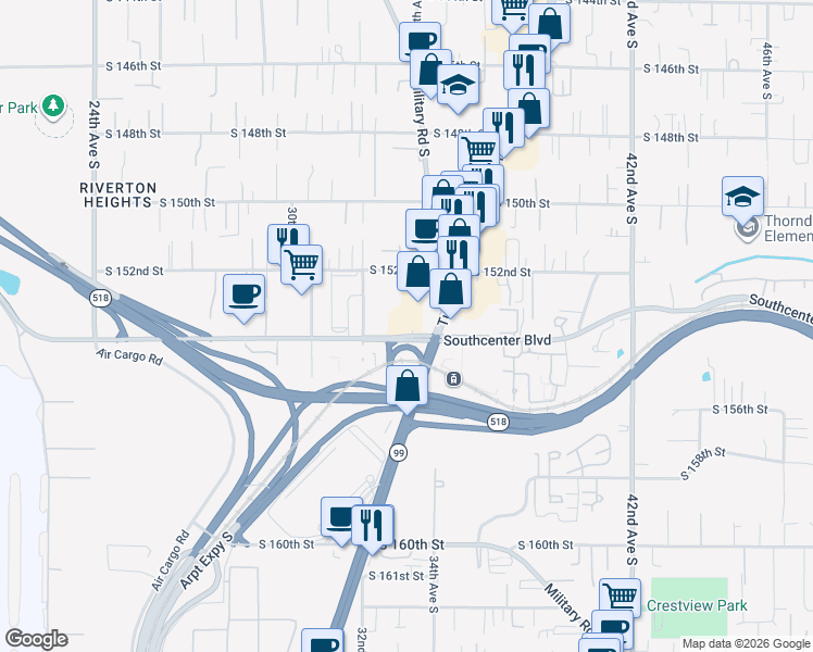 map of restaurants, bars, coffee shops, grocery stores, and more near 3346s South 154th Street in SeaTac