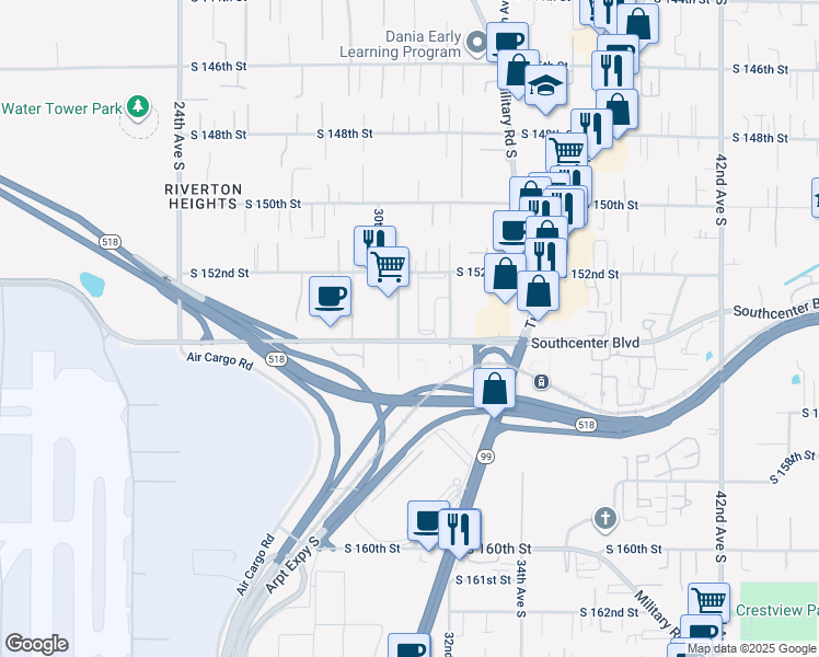 map of restaurants, bars, coffee shops, grocery stores, and more near 15232 30th Avenue South in SeaTac