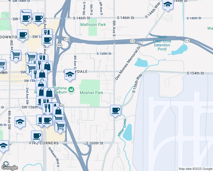 map of restaurants, bars, coffee shops, grocery stores, and more near 15405 Des Moines Memorial Drive South in Burien