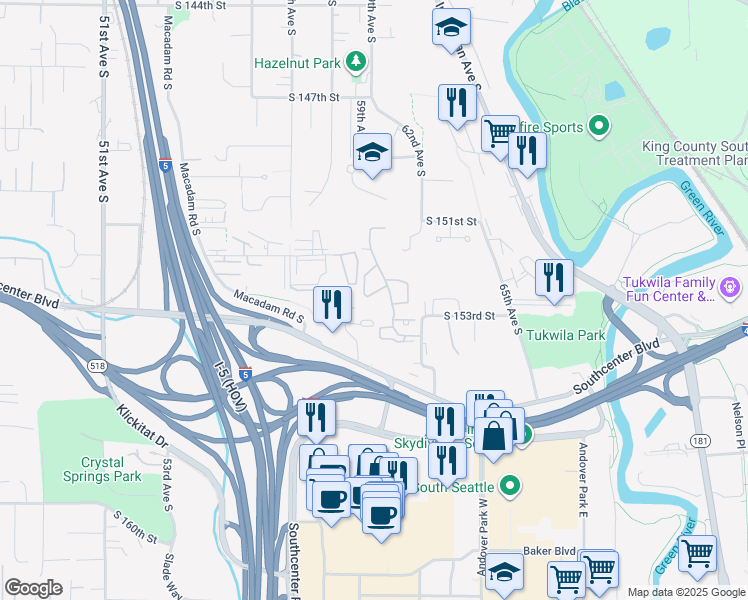 map of restaurants, bars, coffee shops, grocery stores, and more near 15195 Sunwood Boulevard in Tukwila