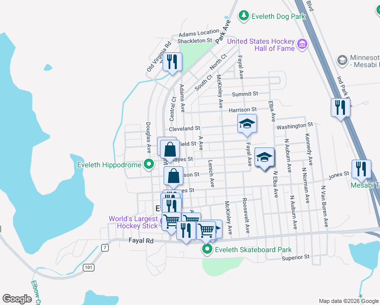 map of restaurants, bars, coffee shops, grocery stores, and more near 620 Adams Avenue in Eveleth