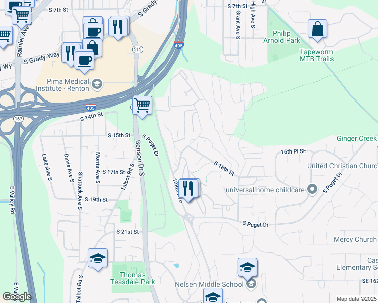 map of restaurants, bars, coffee shops, grocery stores, and more near 1650 Eagle Ridge Drive South in Renton