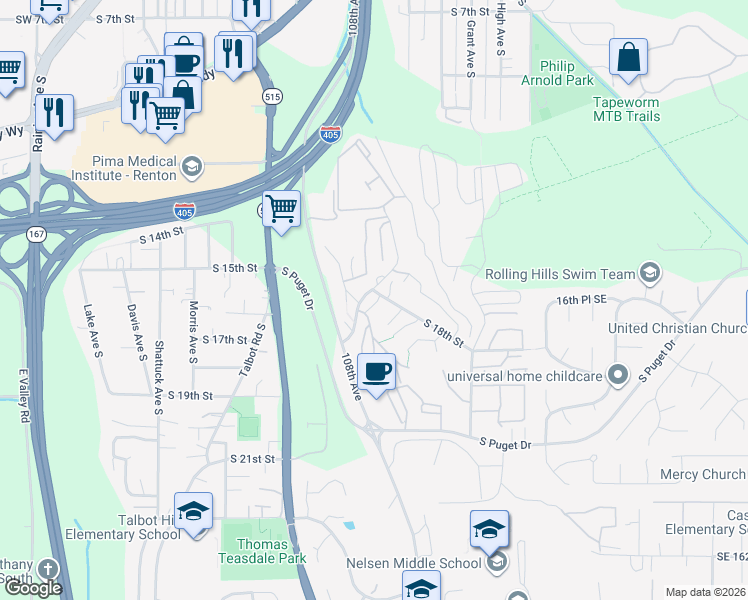 map of restaurants, bars, coffee shops, grocery stores, and more near 1104 South 18th Street in Renton