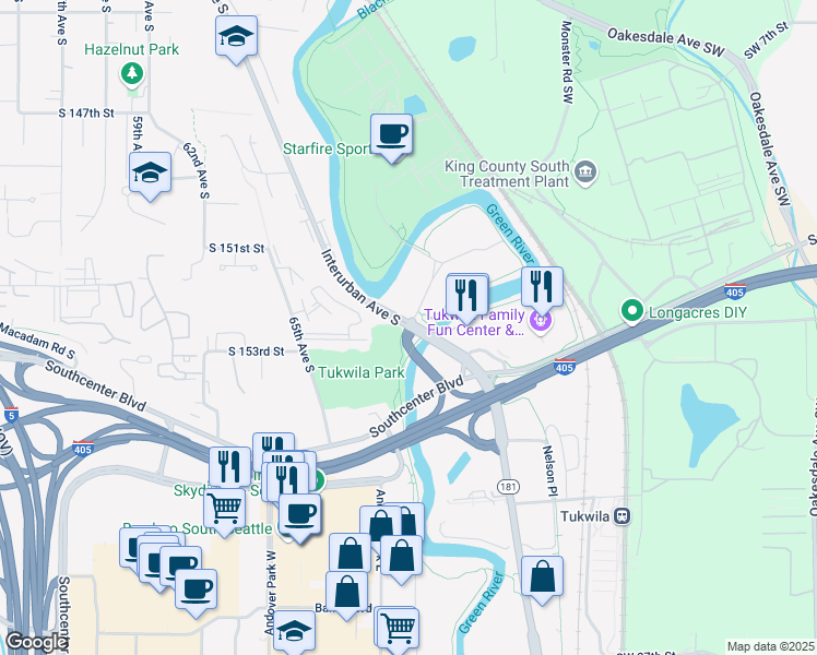 map of restaurants, bars, coffee shops, grocery stores, and more near 14893 Interurban Avenue South in Tukwila