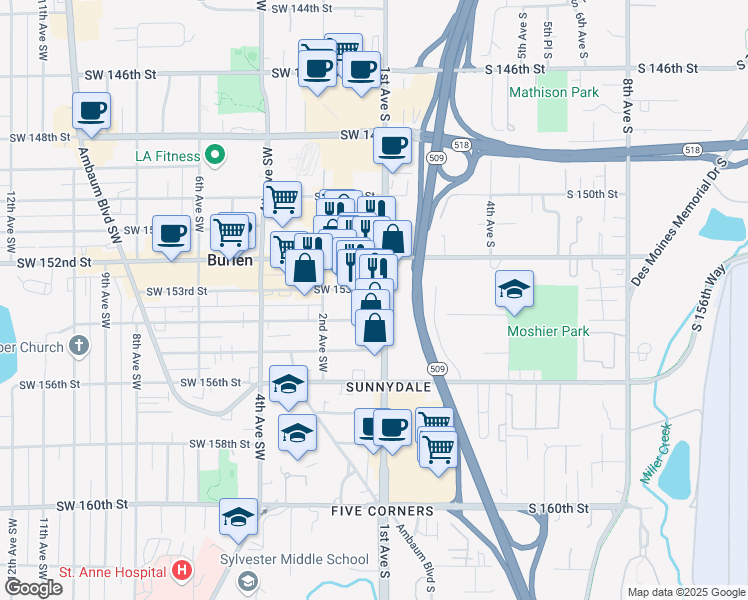 map of restaurants, bars, coffee shops, grocery stores, and more near 15225 1st Avenue South in Burien