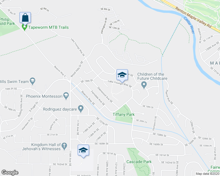 map of restaurants, bars, coffee shops, grocery stores, and more near 1623 Lake Youngs Way Southeast in Renton