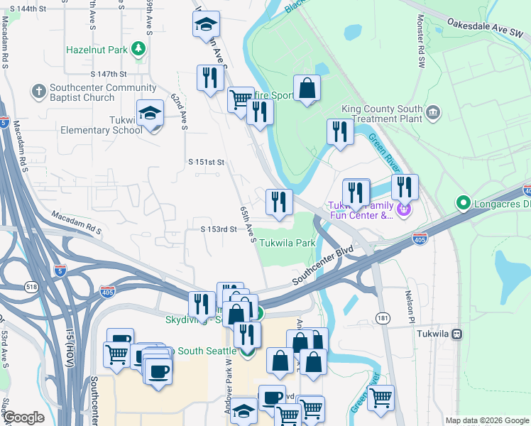 map of restaurants, bars, coffee shops, grocery stores, and more near 15150 65th Avenue South in Tukwila