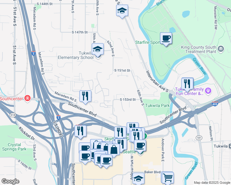 map of restaurants, bars, coffee shops, grocery stores, and more near 6216 South 153rd Street in Tukwila