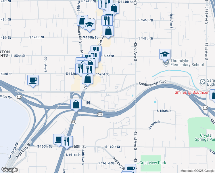 map of restaurants, bars, coffee shops, grocery stores, and more near 3700 Southcenter Boulevard in Tukwila