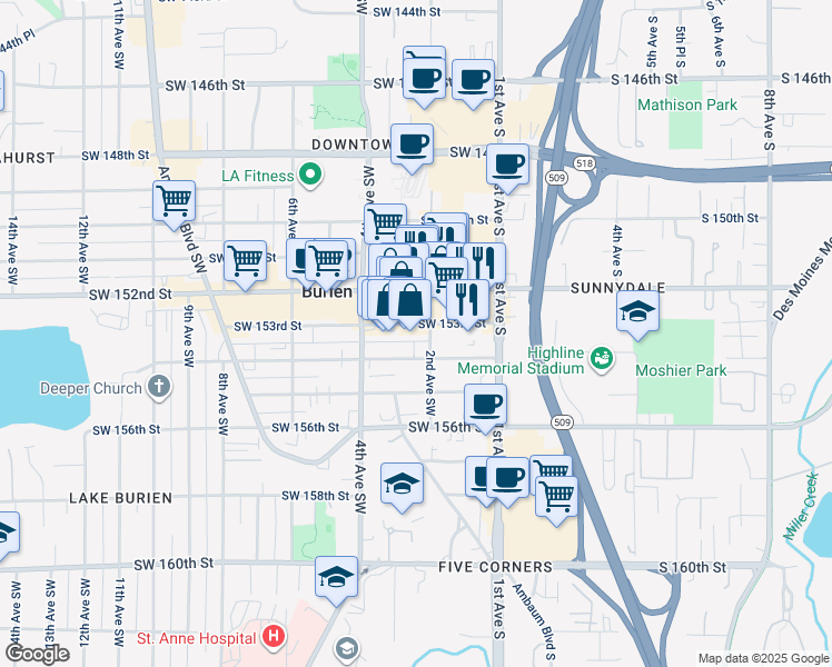 map of restaurants, bars, coffee shops, grocery stores, and more near 209 Southwest 153rd Street in Burien