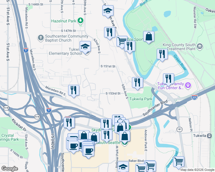 map of restaurants, bars, coffee shops, grocery stores, and more near 6216 South 153rd Street in Tukwila