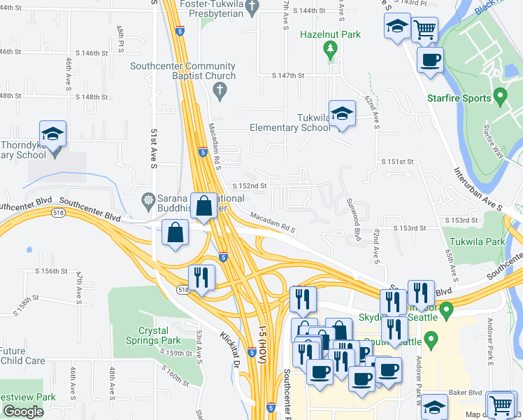 map of restaurants, bars, coffee shops, grocery stores, and more near 5555 South 152nd Street in Tukwila